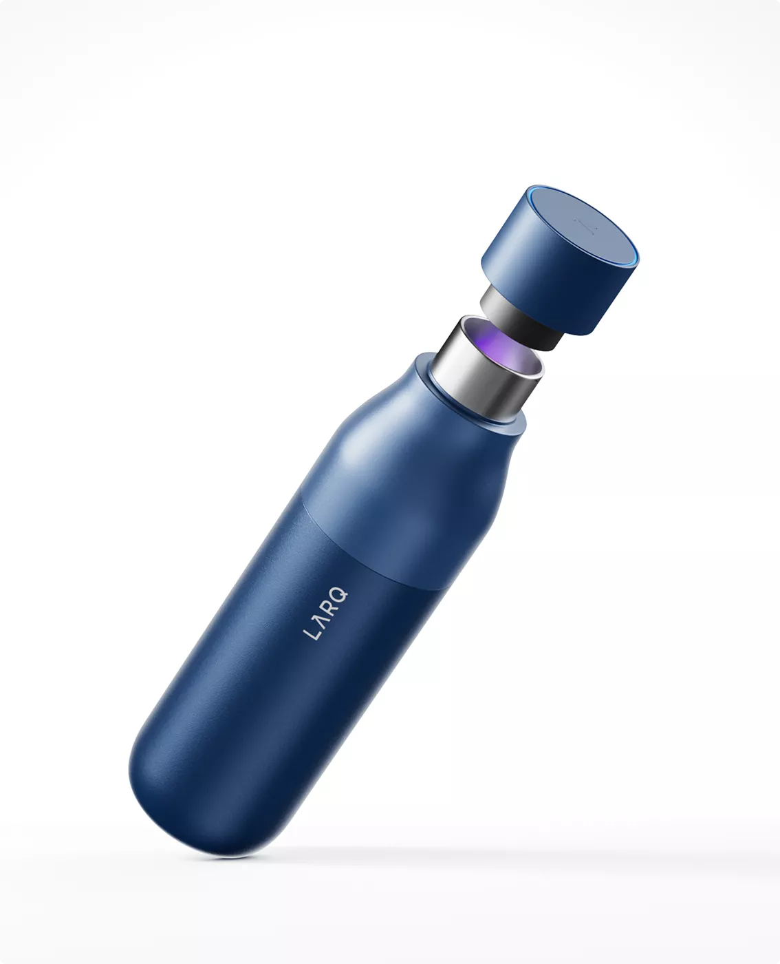 Blue LARQ bottle visualization with cap lifted to reveal UV cleaning interior technology