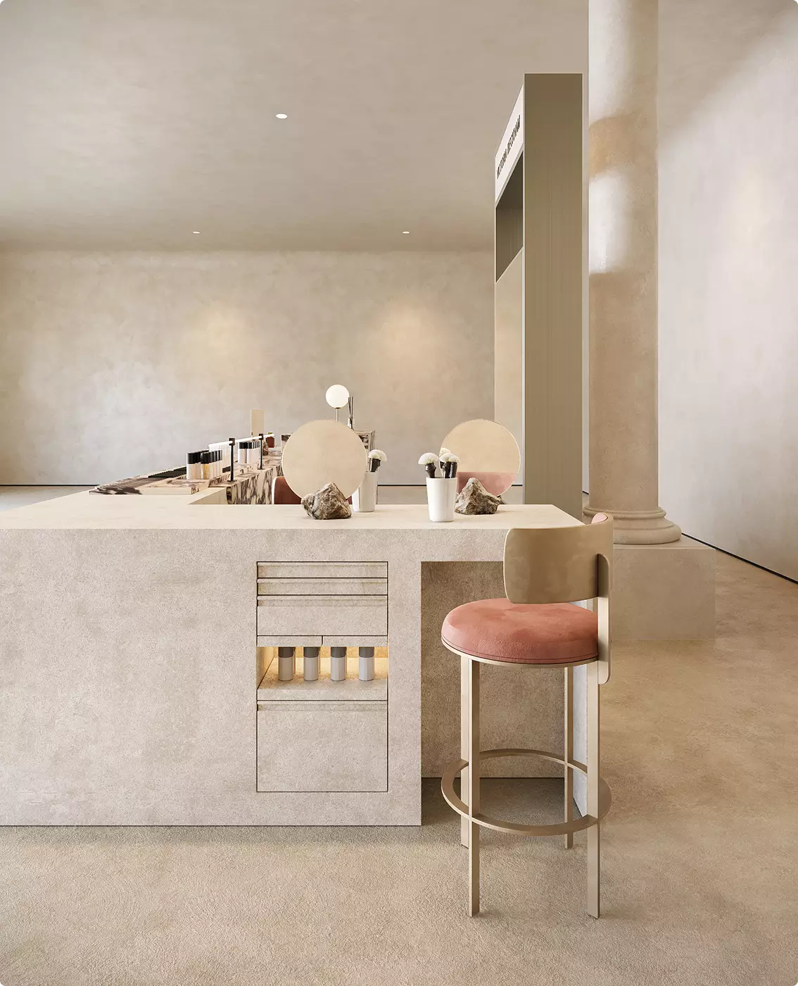 Luxury beauty retail consultation area with elegant seating, makeup mirrors, and high-end cosmetic presentation design.