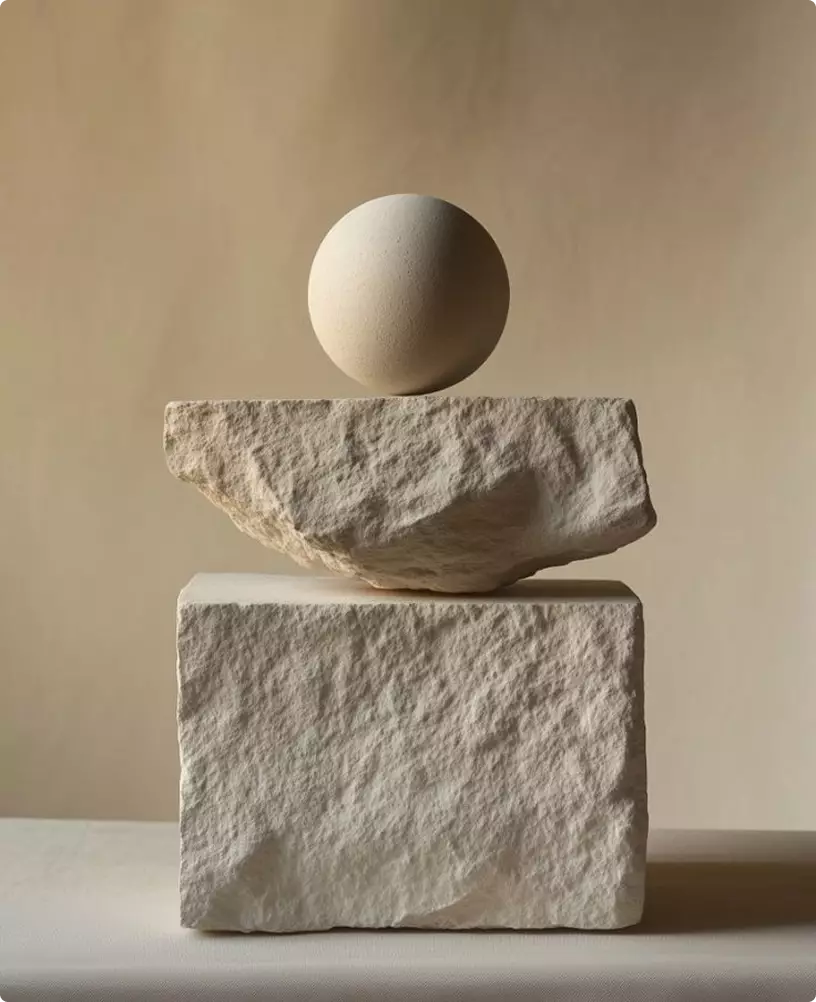 Organic stone sculpture styling element used in a luxury beauty retail concept with warm neutral lighting and tactile textures.