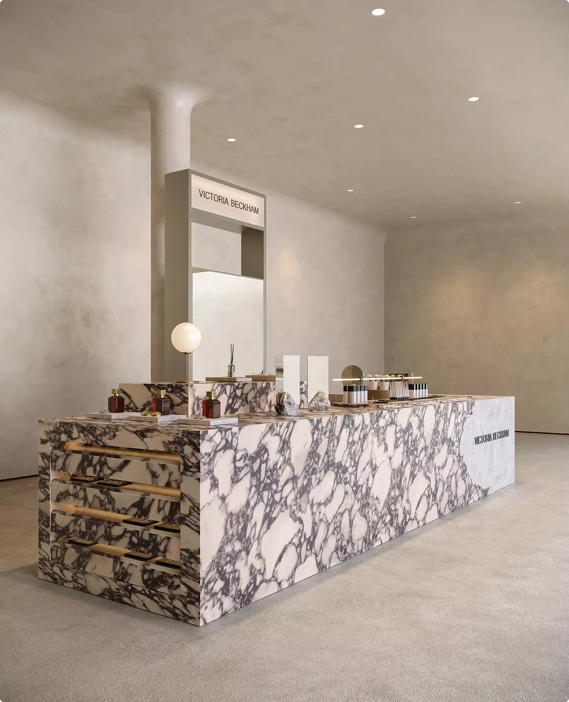 Premium luxury beauty retail counter with modern marble styling, integrated product shelving, and upscale cosmetic merchandising.