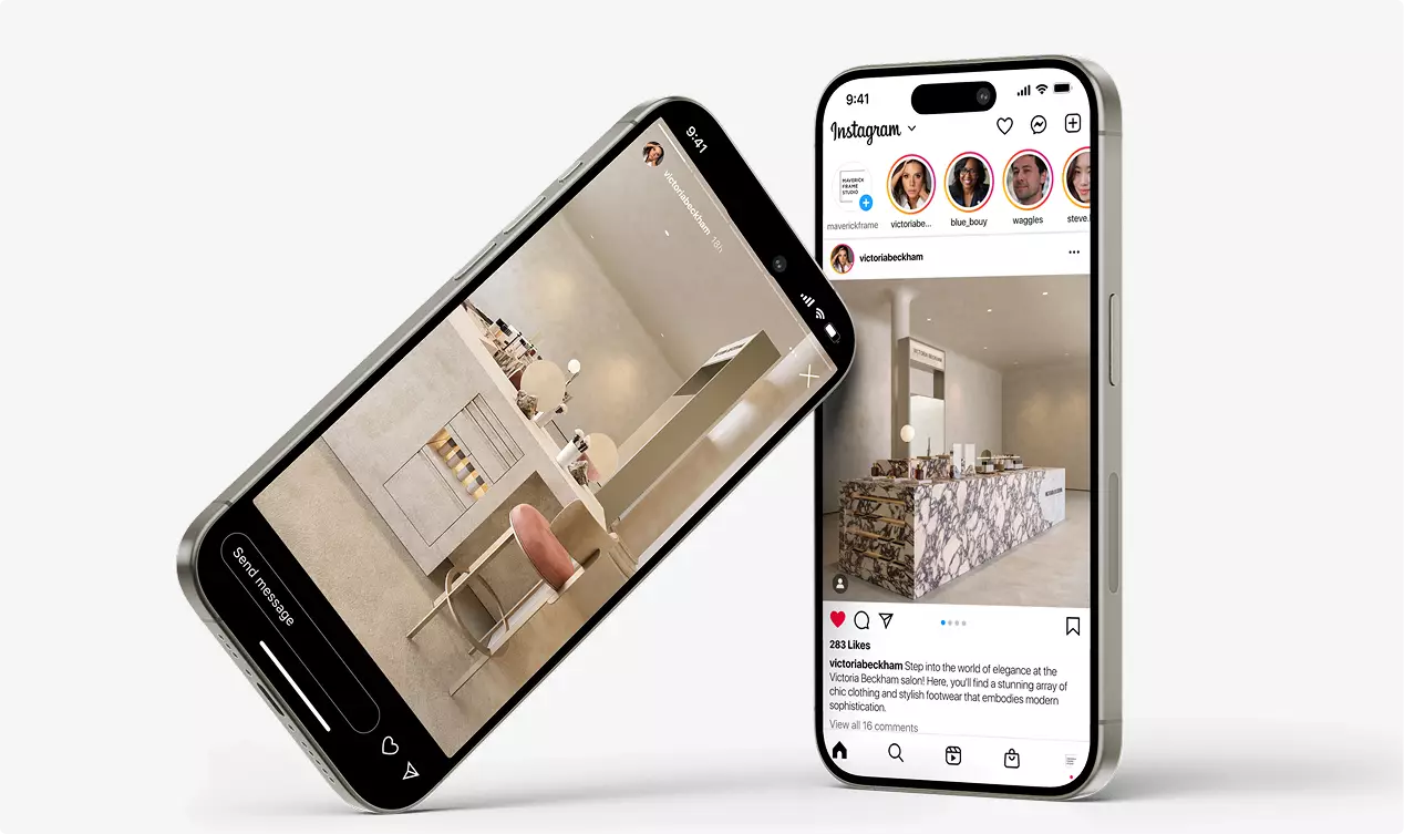 Luxury beauty retail campaign visual displayed on smartphone social media mockups with premium cosmetic retail interior imagery.