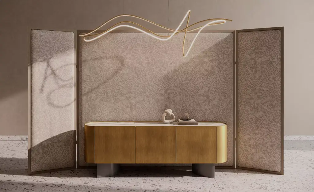 Elegant luxury console table CGI with decorative lighting and sophisticated contemporary interior styling.