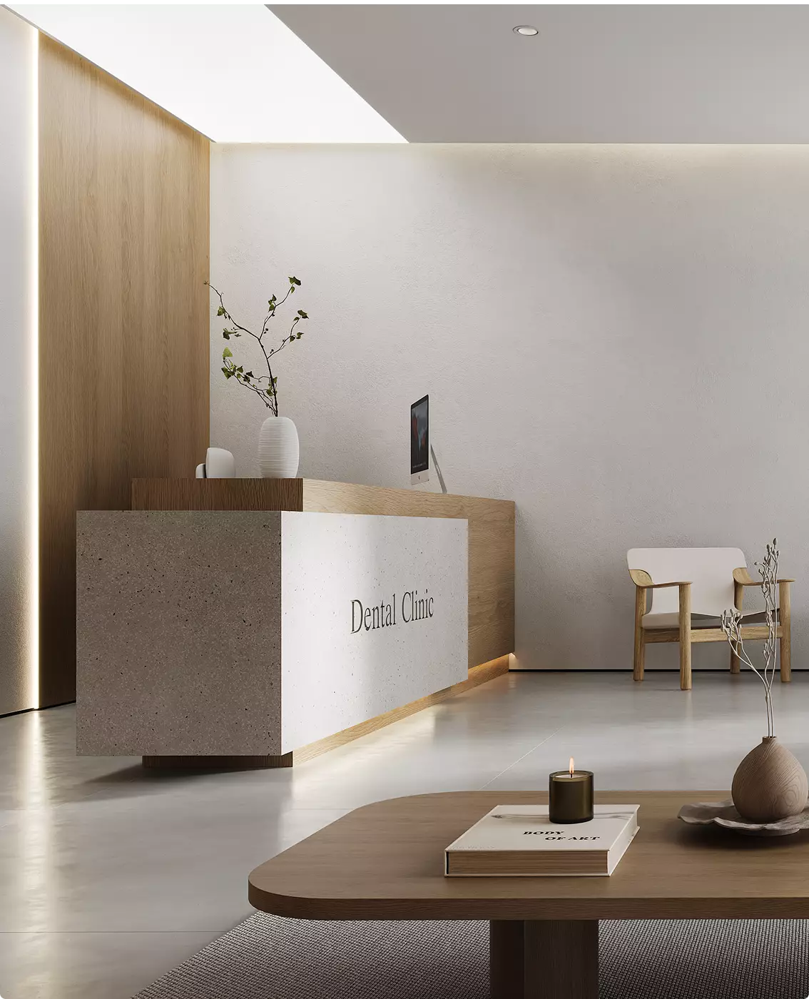 Luxury dental clinic reception and lounge visualization with minimalist decor and warm lighting.
