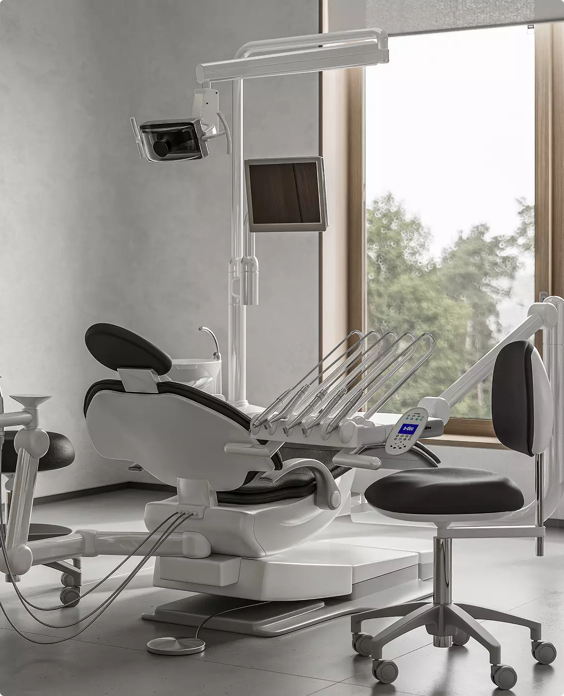 Luxury dental clinic visualization with advanced treatment chair near large panoramic window.