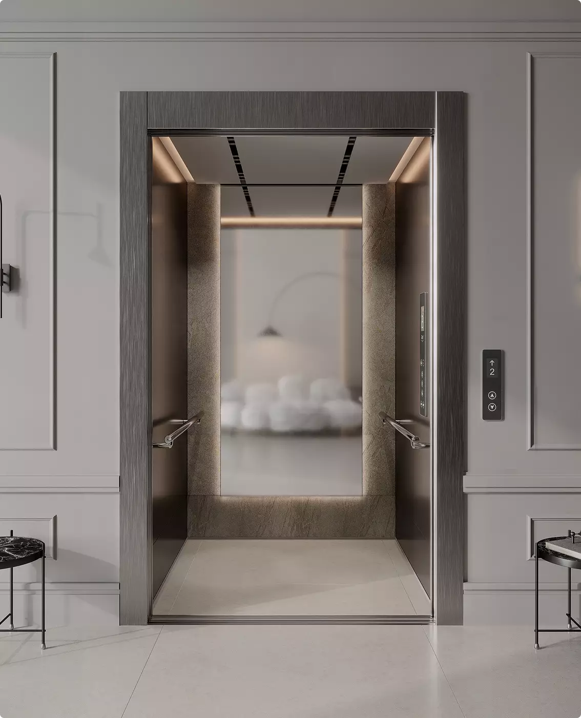 Luxury elevator cabin render with elegant metallic textures, ambient LED lighting, and contemporary interior styling.