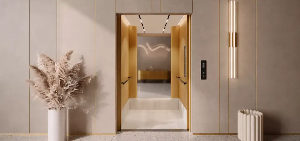 Luxury elevator CGI in a modern lobby with warm lighting, brushed gold finishes, and minimalist architectural styling.
