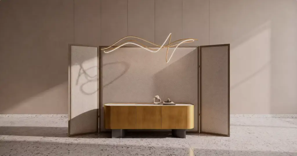Luxury elevator lobby interior CGI featuring designer lighting, modern metallic surfaces, and refined spatial composition.