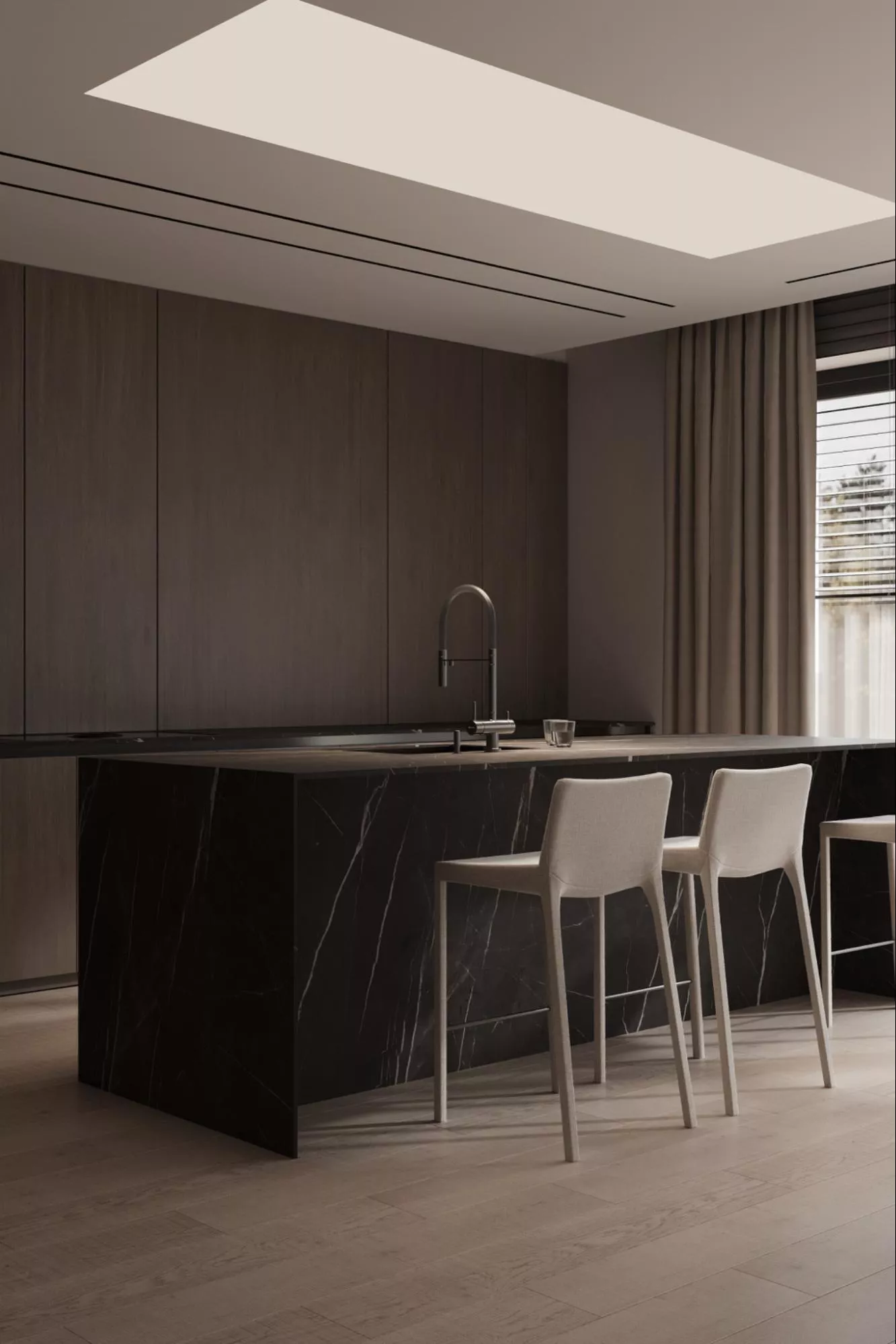 Kitchen Renders: Photorealistic 3D Examples, Techniques, and Agency Guide Luxury kitchen visualization with dark cabinetry, marble island, and soft ceiling lighting