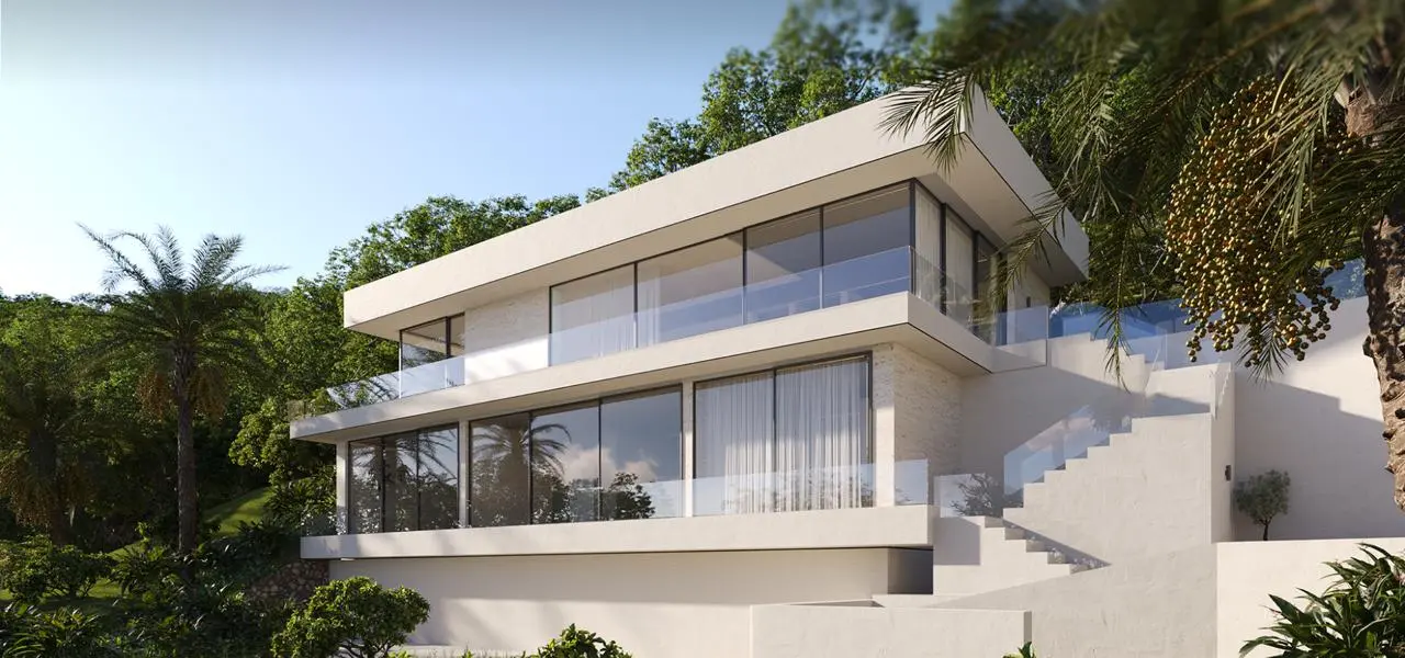 Luxury villa exterior render with glass balconies, white facade, palms, and hillside greenery
