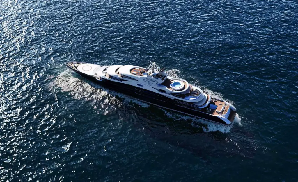 Luxury yacht CGI visualization with aerial view of the yacht surrounded by deep blue water
