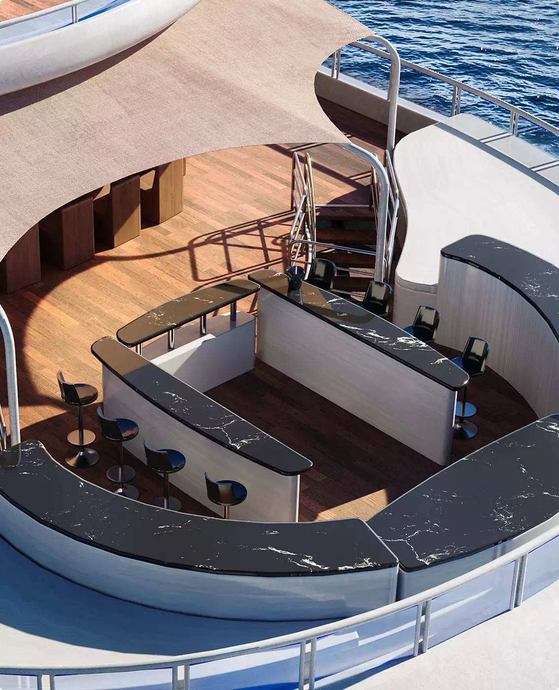Luxury yacht CGI visualization of an outdoor bar area with curved counters and deck seating