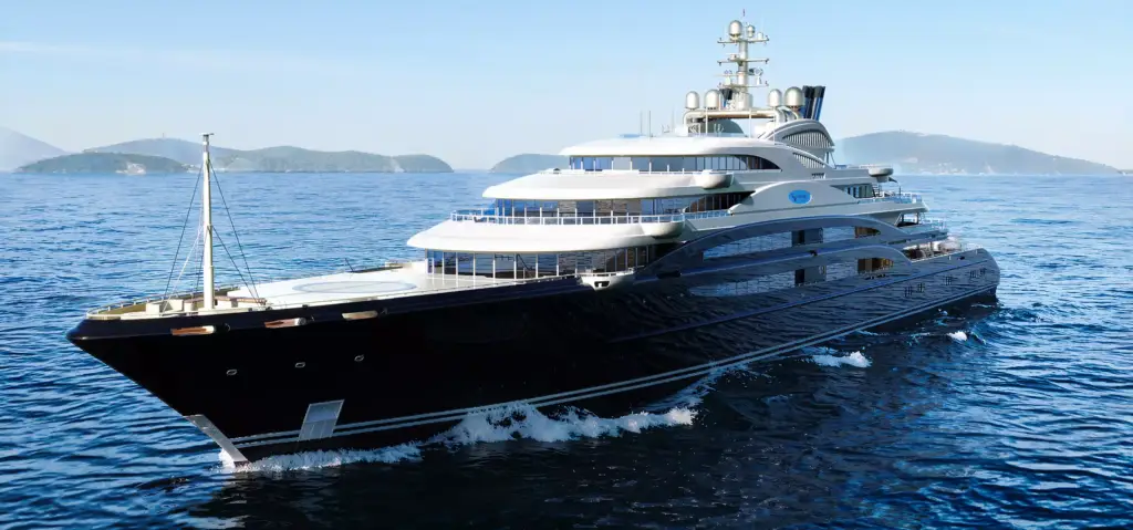 Luxury yacht CGI visualization featuring the yacht bow cutting through calm ocean water