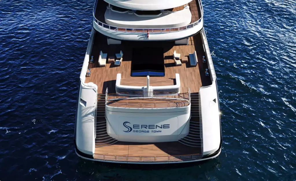Luxury yacht CGI visualization showing rear deck lounge space above the ocean surface