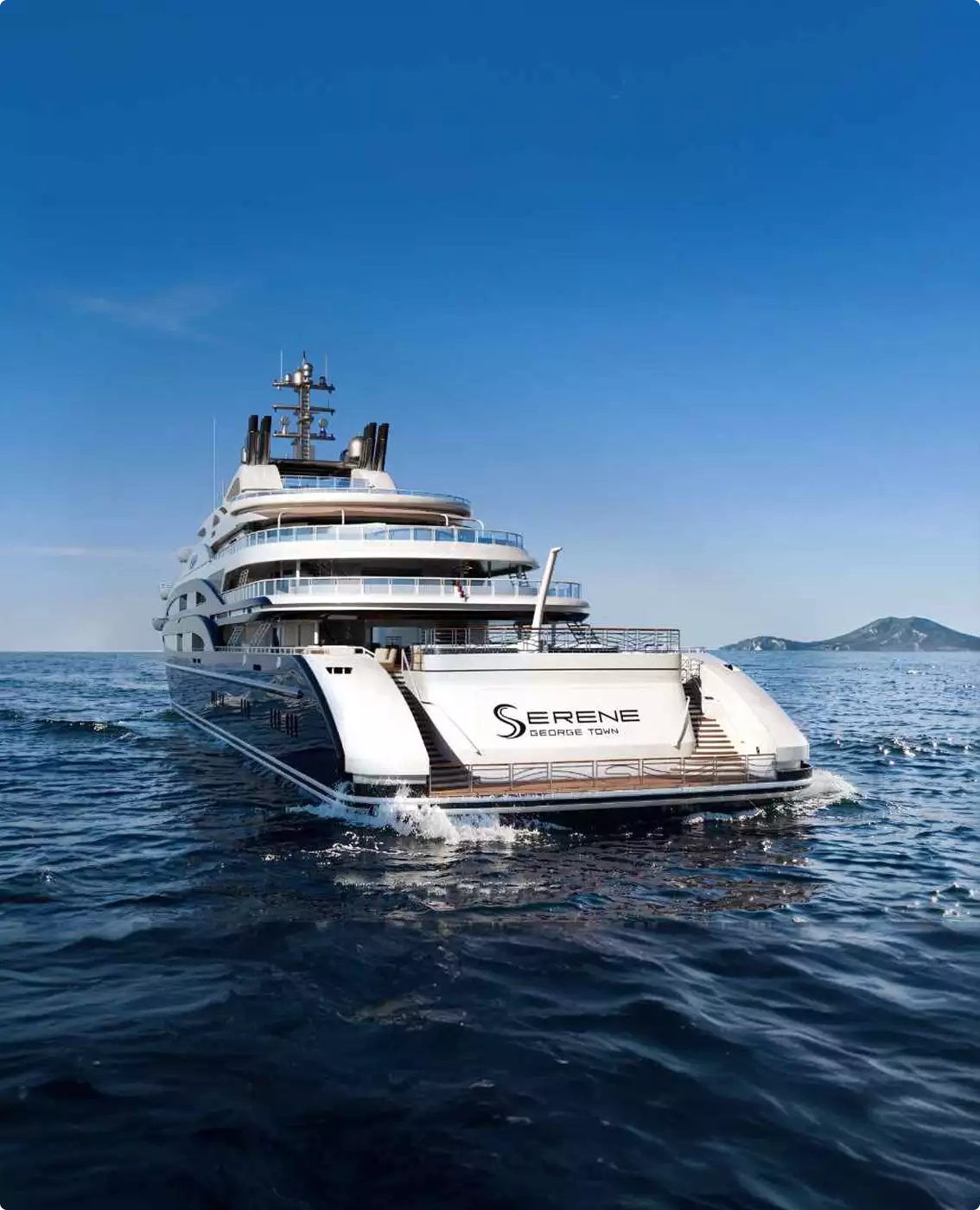 Luxury yacht CGI visualization of a multi deck superyacht cruising on open blue sea