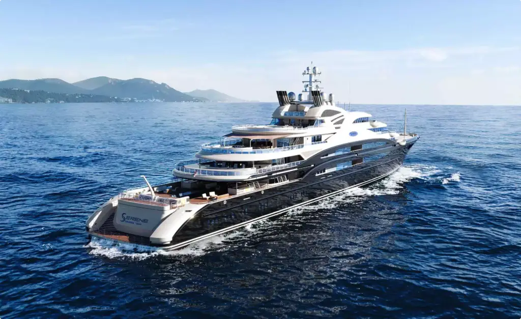 Luxury yacht CGI visualization of the yacht stern and layered decks viewed from behind