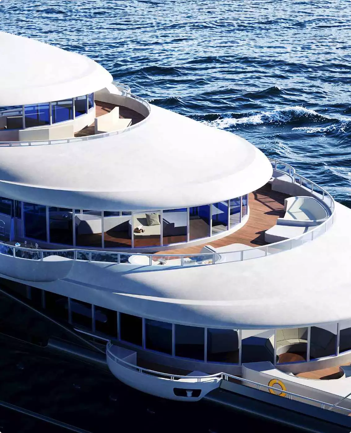 Luxury yacht CGI visualization showing curved upper decks and panoramic ocean windows