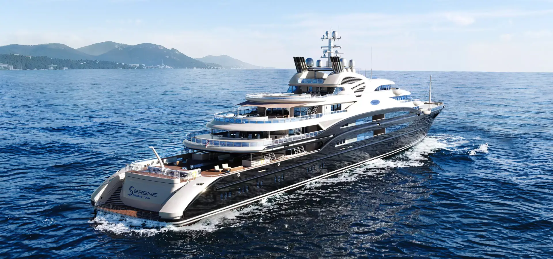 Luxury yacht CGI visualization of a wide rear perspective with mountains in the distance
