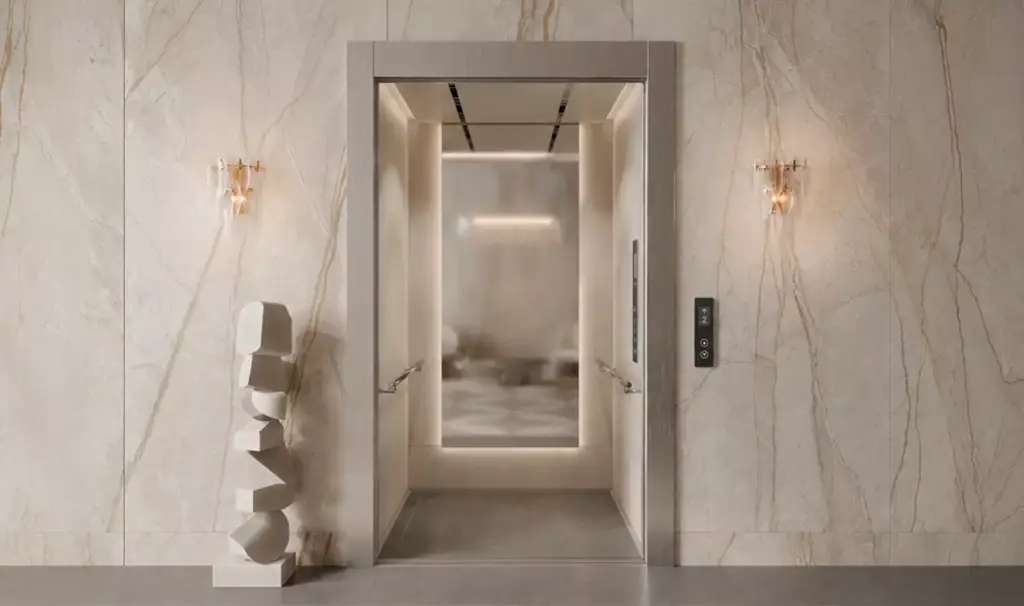 Luxury marble elevator lobby CGI with elegant stone textures, decorative wall lighting, and modern elevator interior.