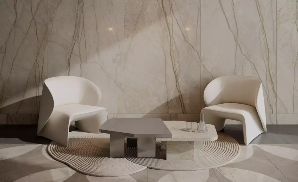 Luxury marble lobby seating area CGI with modern armchairs, elegant textures, and upscale interior design.