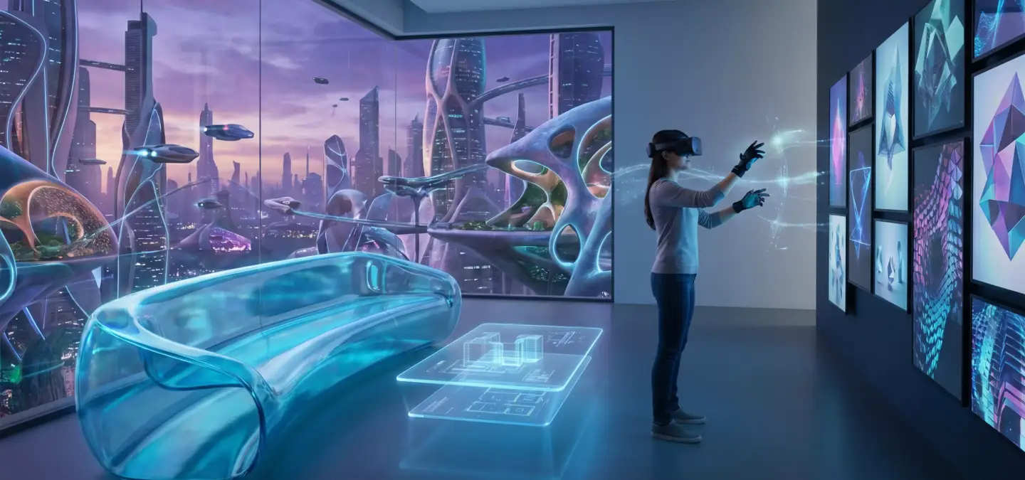 Article hero for metaverse interior design with VR user and futuristic digital art wall