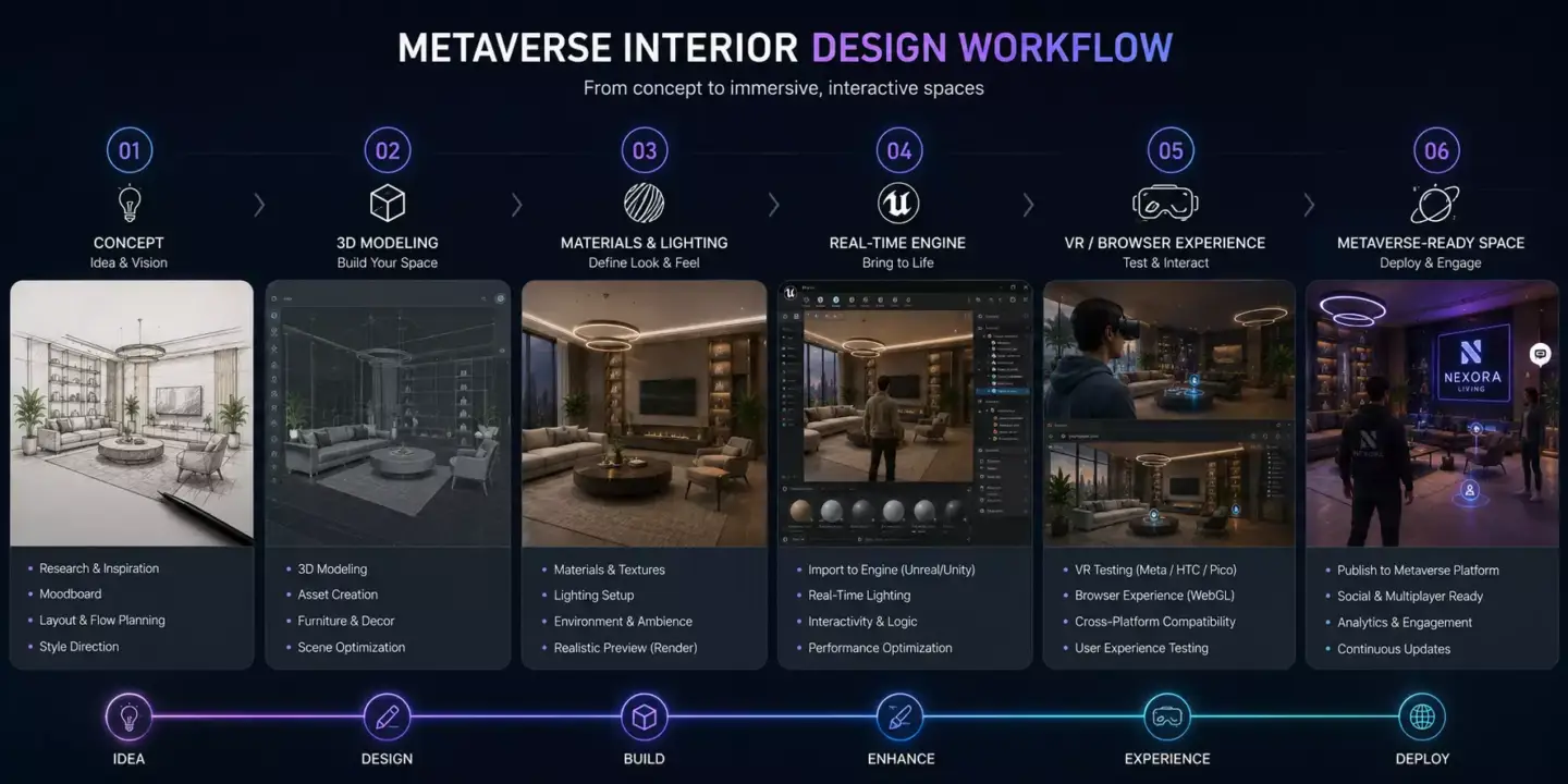 Metaverse Interior Design for Virtual Spaces Metaverse interior design workflow from concept sketch to immersive virtual space