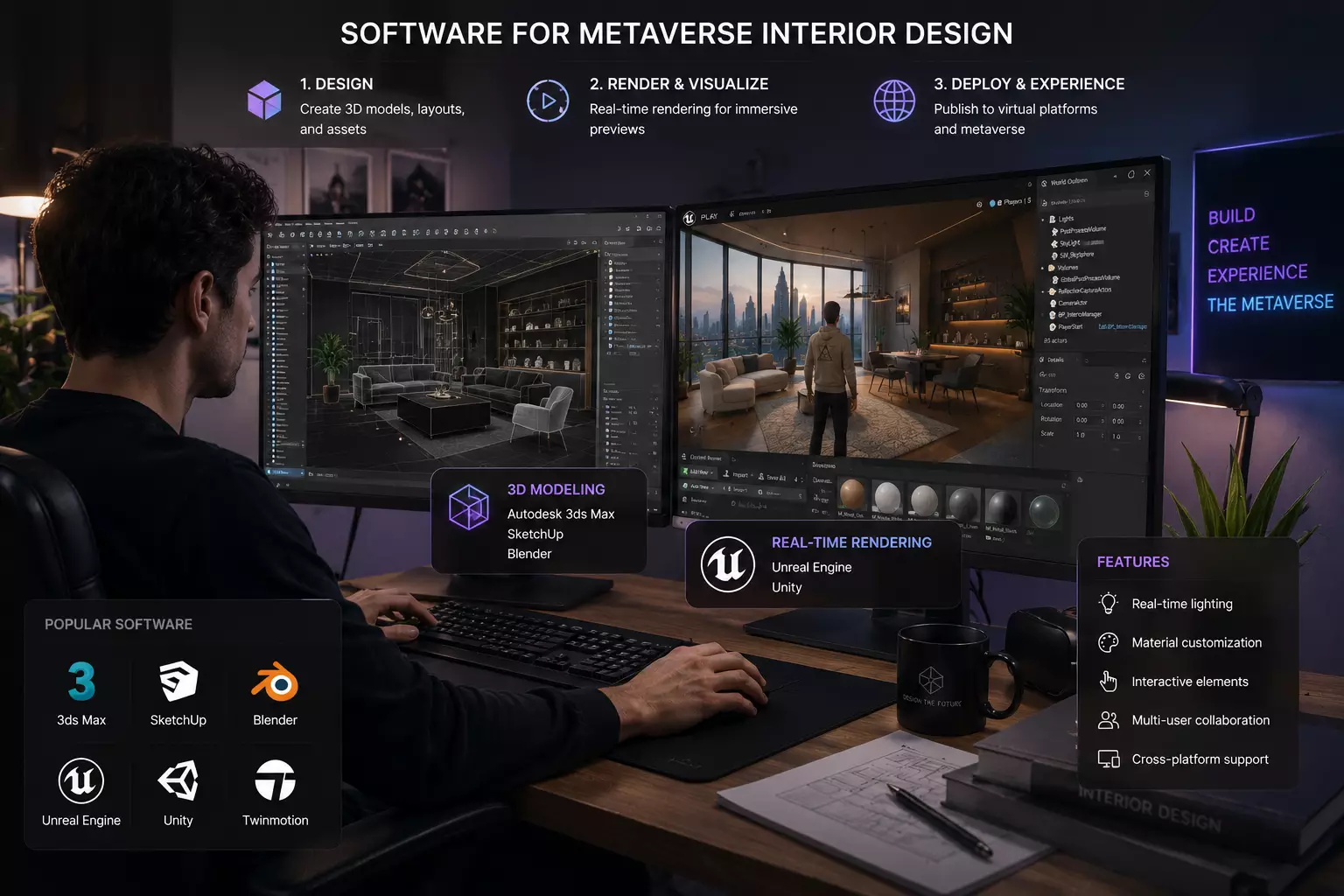 Metaverse Interior Design for Virtual Spaces Designer using metaverse rendering software for 3D interior design on dual monitors