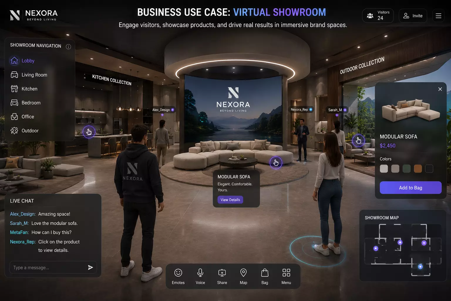 Metaverse Interior Design for Virtual Spaces Virtual showroom with avatars exploring modular sofa displays and product details