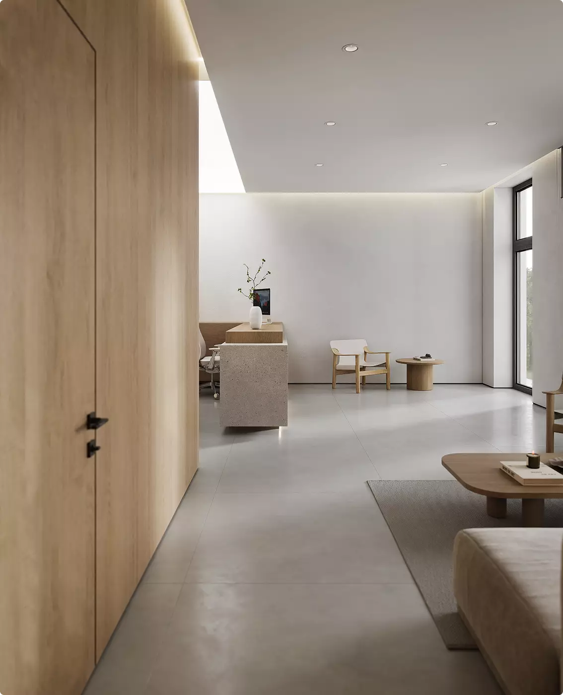 Minimal dental clinic hallway visualization with reception area and warm contemporary finishes.