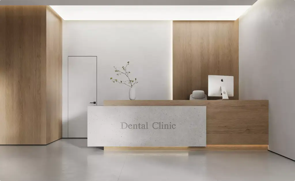 Minimal dental clinic reception visualization with wooden textures and elegant front desk design.