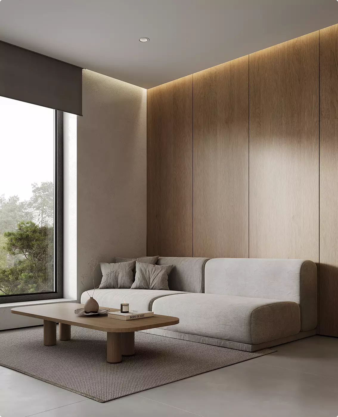 Minimal dental clinic waiting area visualization with soft neutral tones and contemporary interior styling.