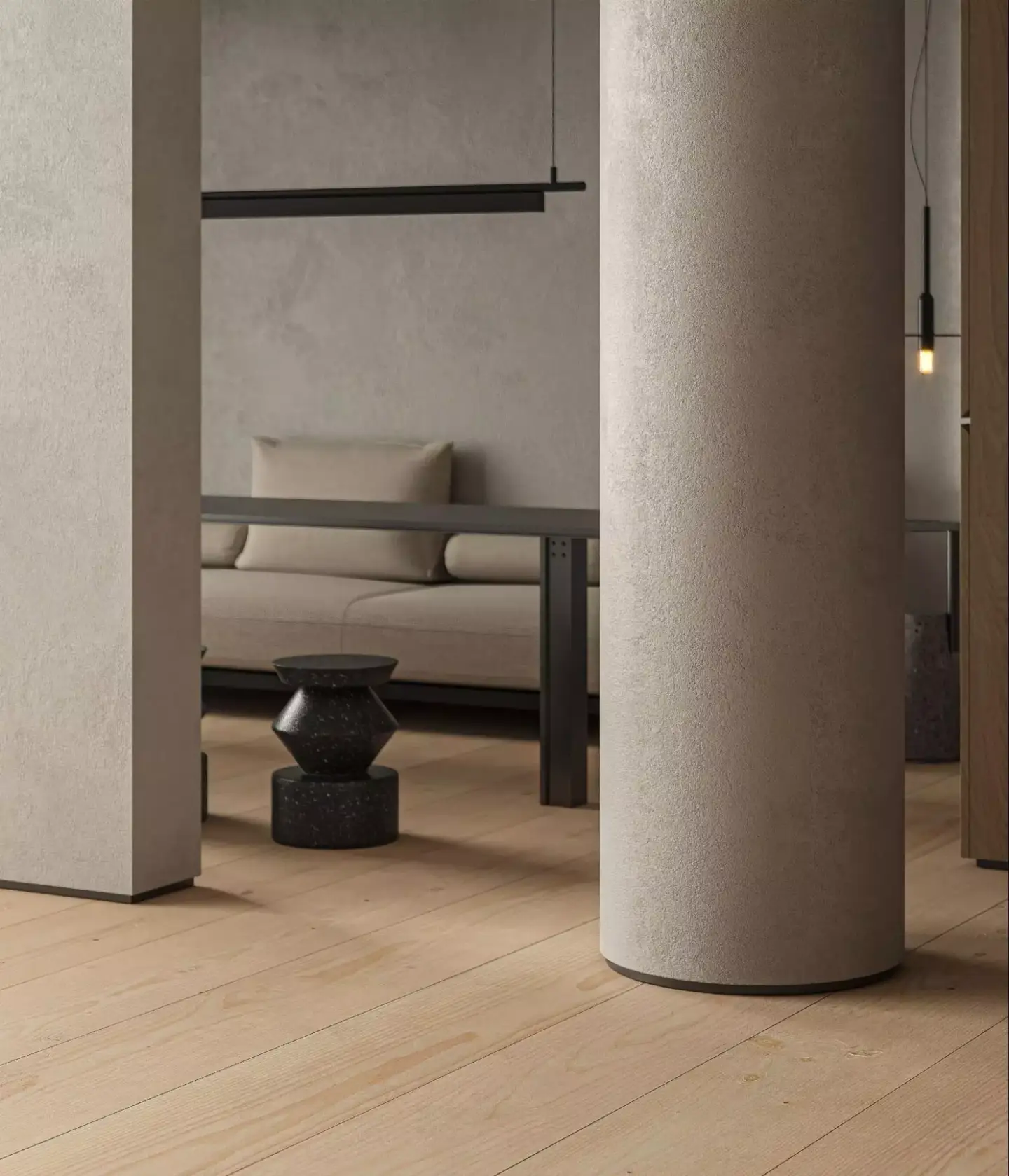 Best Interior Renders for 3D Interior Visualization Minimal lounge interior with textured columns, wood floor, beige sofa, and black table