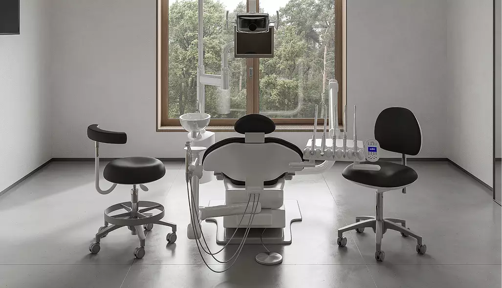 Minimalist dental clinic visualization featuring sleek black sink and modern interior details.