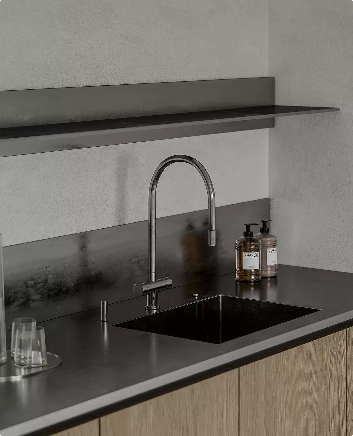 Minimalist dental clinic visualization featuring sleek sink area and sterilization counter design.