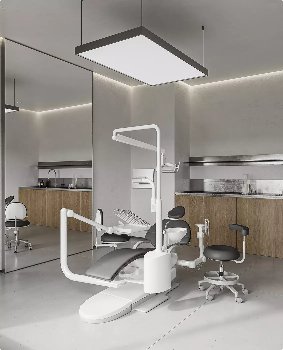 Minimalist dental clinic operatory visualization with sleek lighting and contemporary medical equipment.
