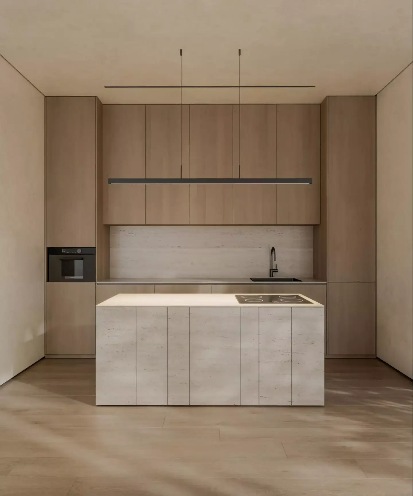 Kitchen Renders: Photorealistic 3D Examples, Techniques, and Agency Guide Minimalist kitchen 3D render with stone island, wood cabinetry, and linear pendant light