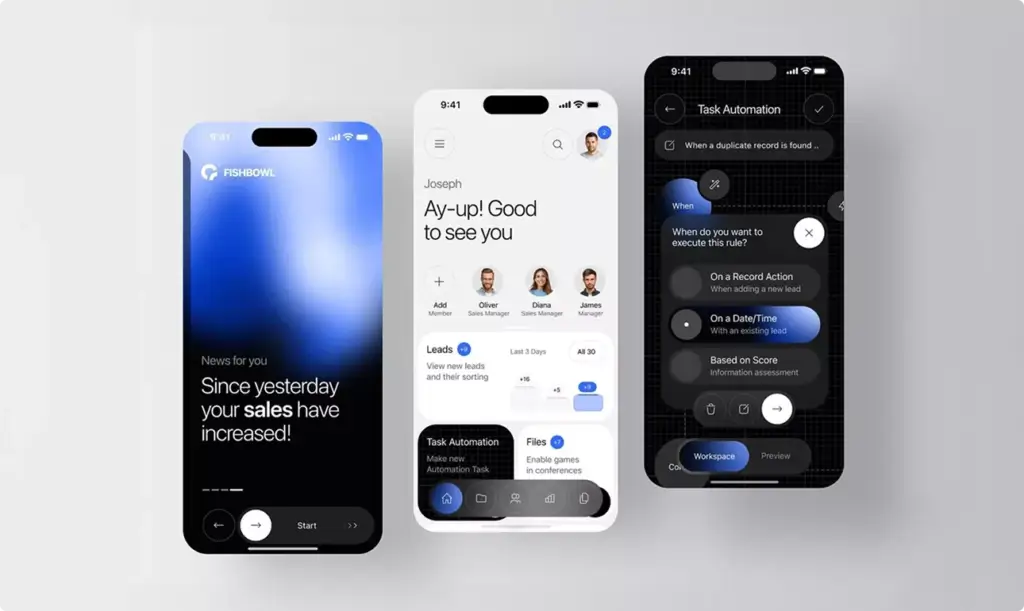 Mobile App Design screens for task automation and sales management dashboard
