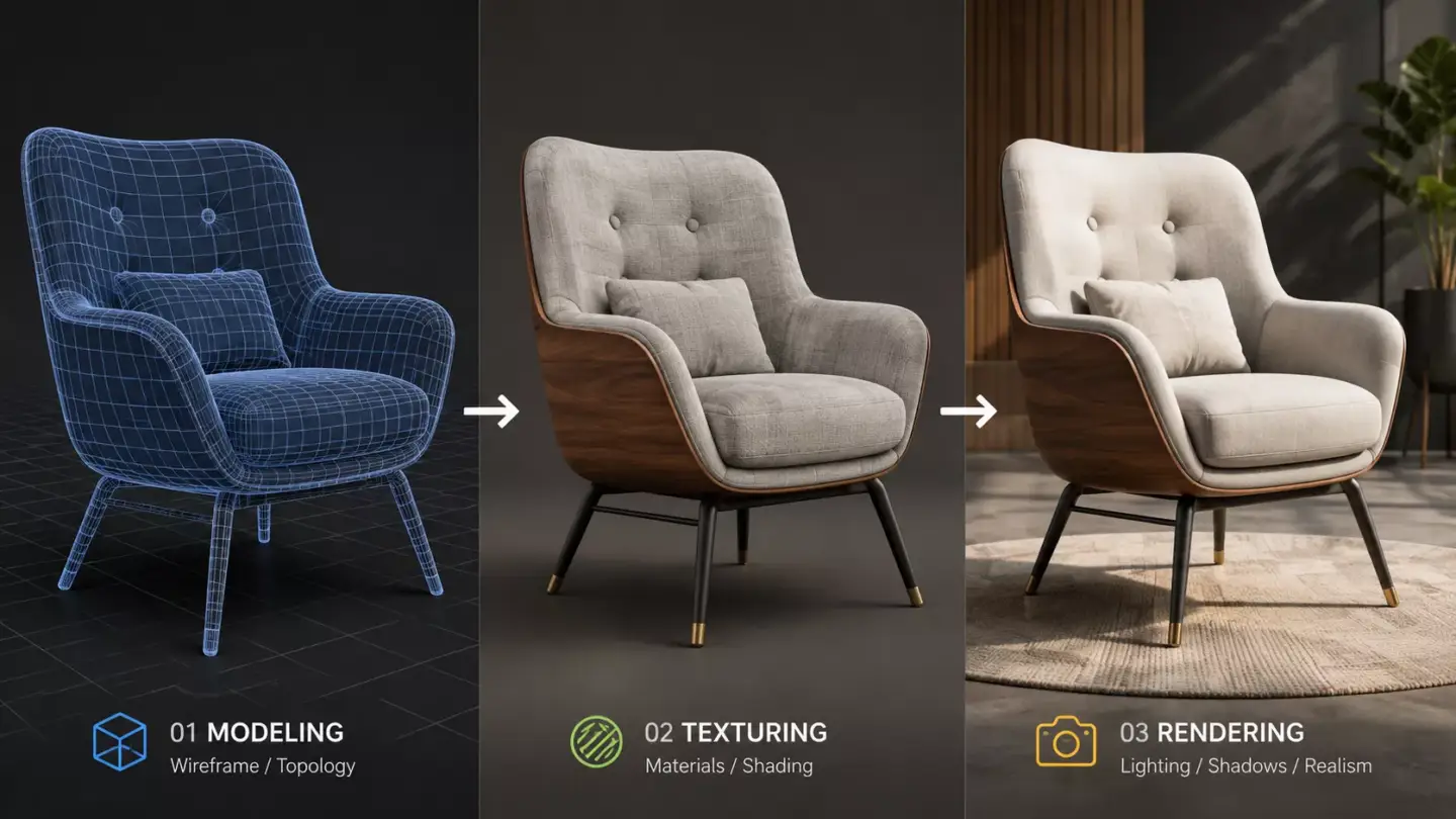 What Is 3D Modeling: A Beginner's Guide Chair shown across three stages of 3D production: wireframe modeling, texturing with materials, and photorealistic rendering