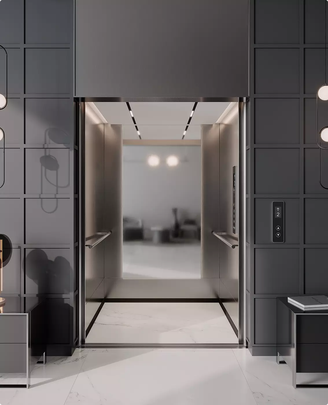 Modern black elevator interior CGI with minimalist wall panels, brushed metal finishes, and luxury architectural lighting.
