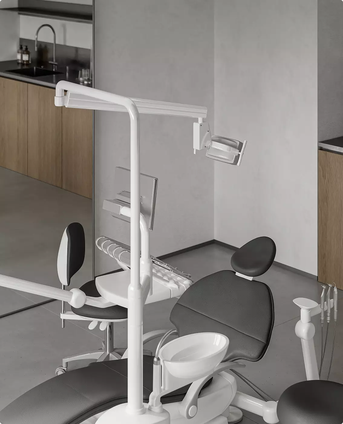 Close-up dental clinic visualization featuring modern treatment chair and professional equipment.