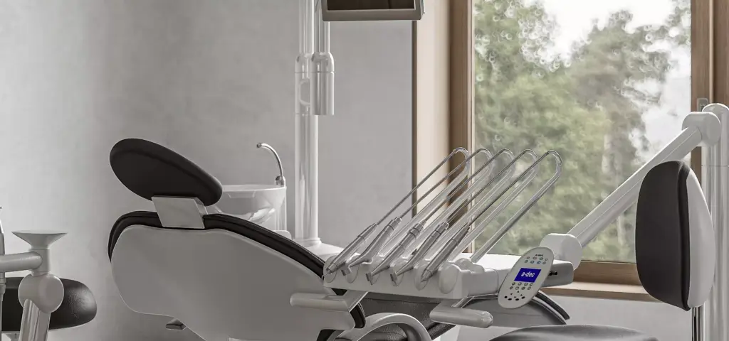 Modern dental clinic visualization with ergonomic dental chair and panoramic window view.