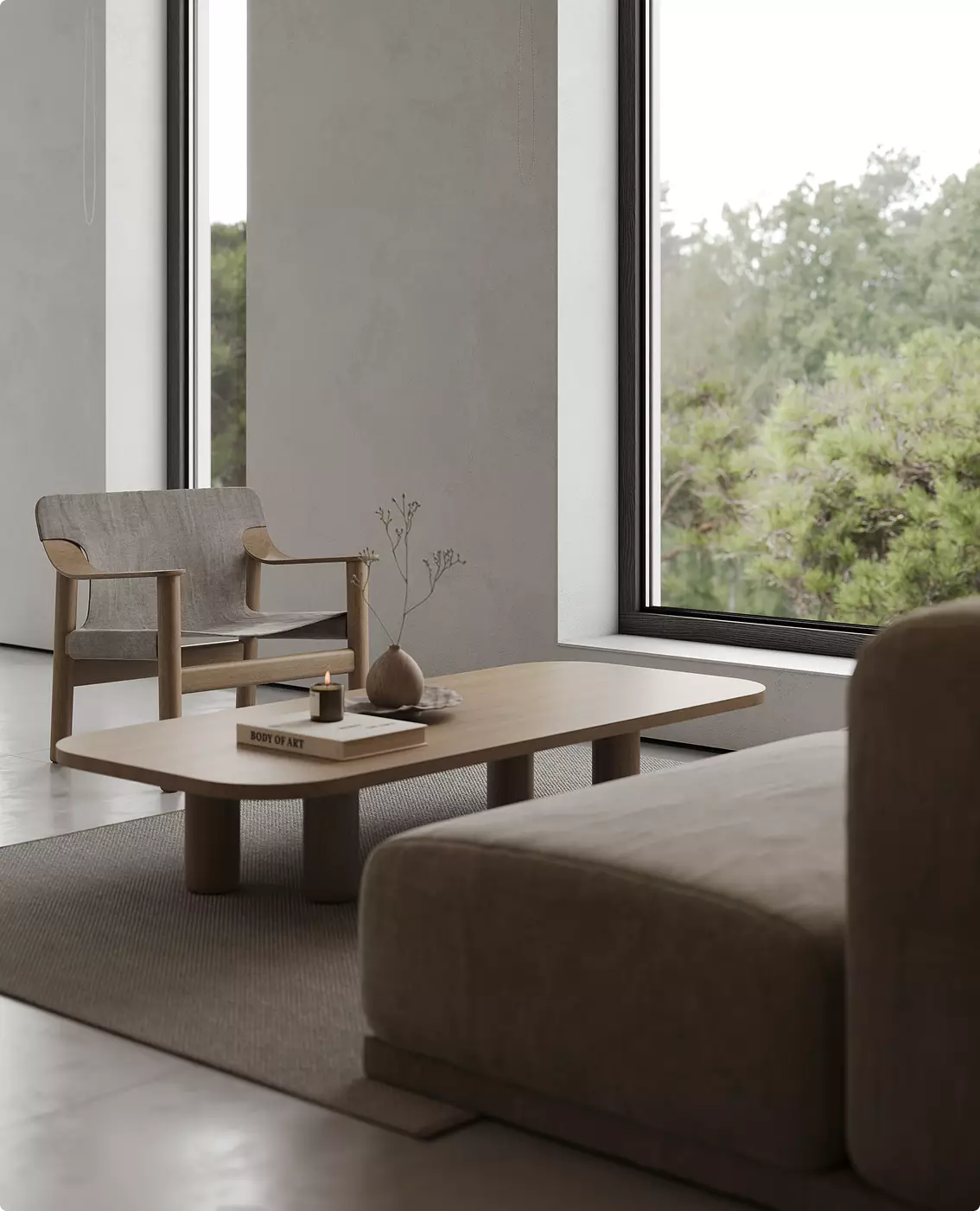 Modern dental clinic lounge visualization with natural light, wooden furniture, and panoramic window view.