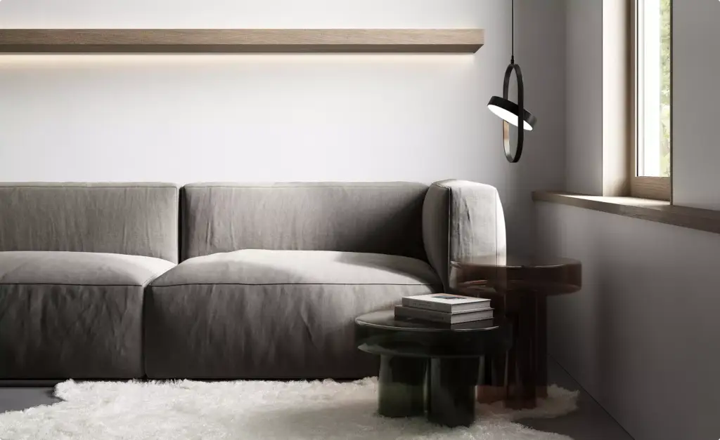 Modern dental clinic lounge corner visualization with minimalist sofa and designer lighting fixture.