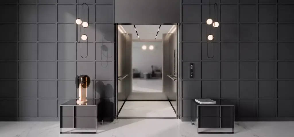 Modern elevator design CGI with sleek architectural lines, upscale finishes, and sophisticated hospitality-inspired interiors.