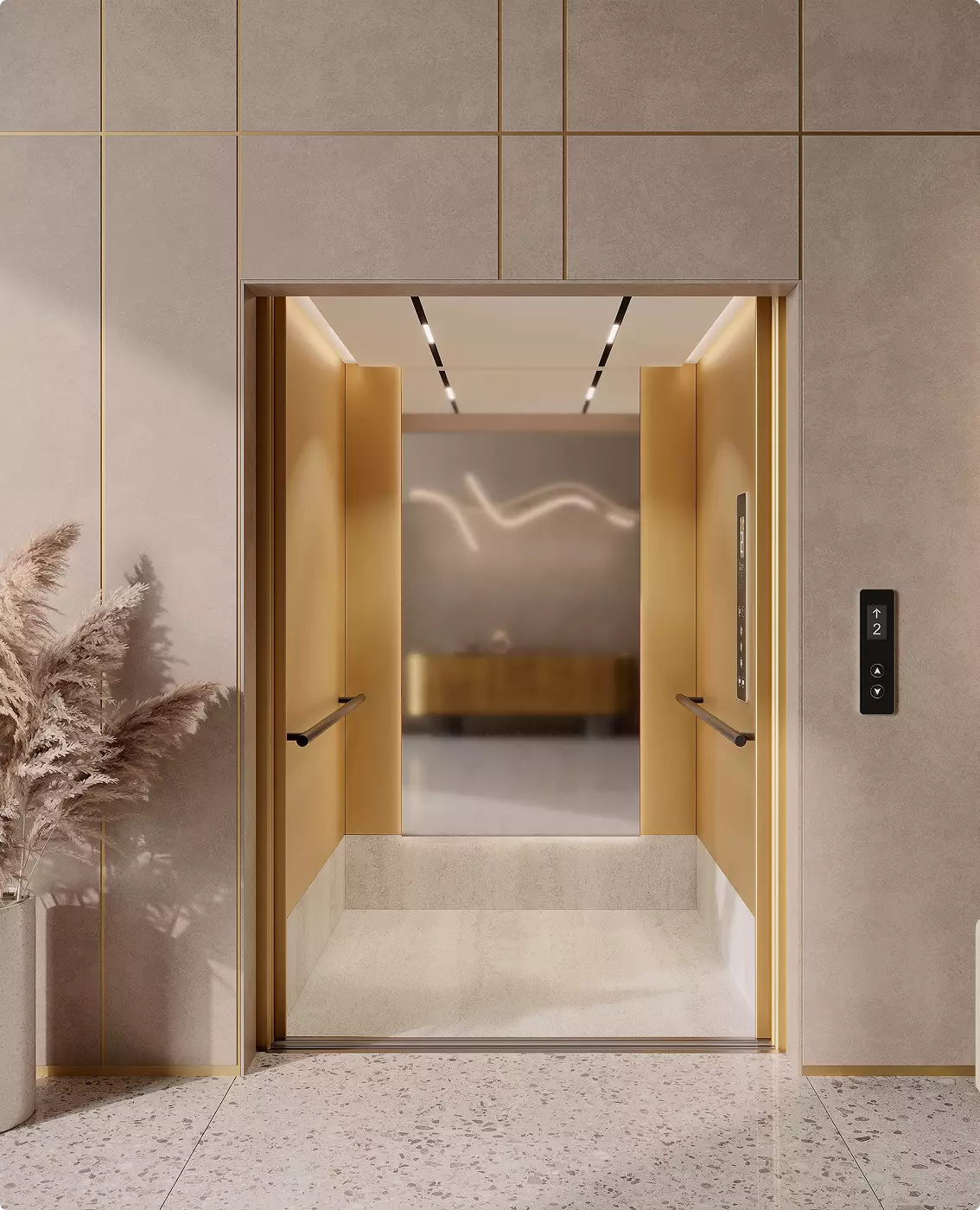 Contemporary elevator lobby visualization with beige stone walls, elegant metallic details, and soft natural lighting.
