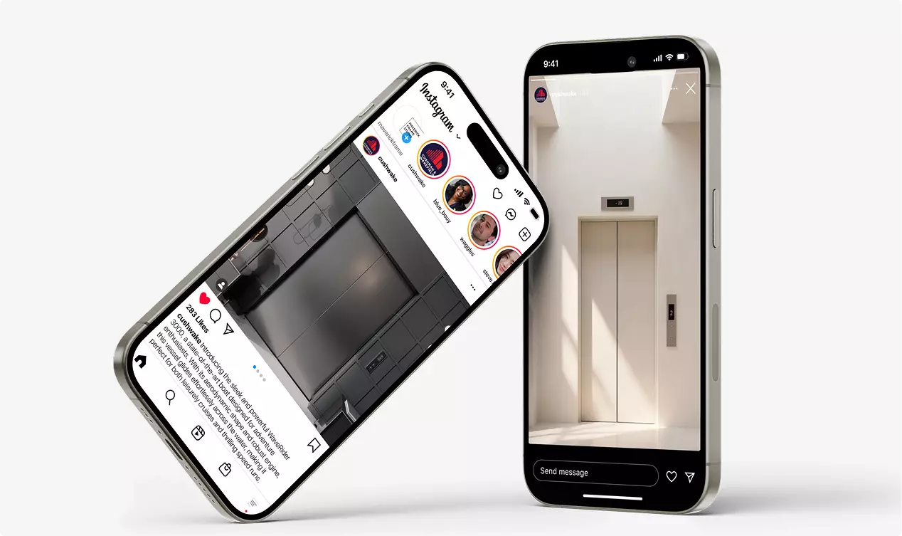 Instagram marketing mockup showcasing luxury elevator CGI renders on modern smartphone screens.