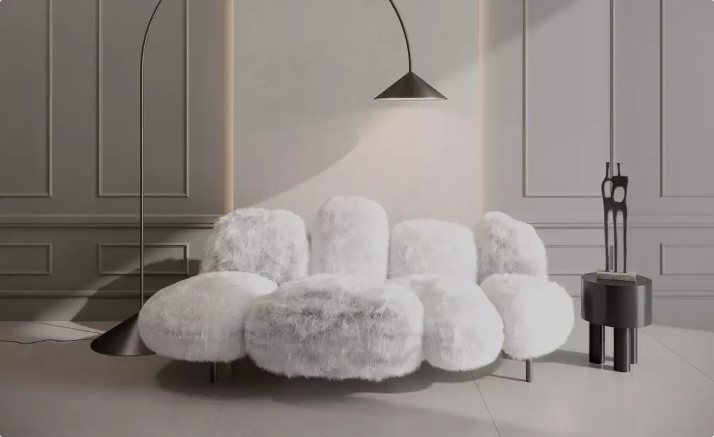 Modern luxury fur sofa CGI with sculptural furniture styling and soft architectural lighting.