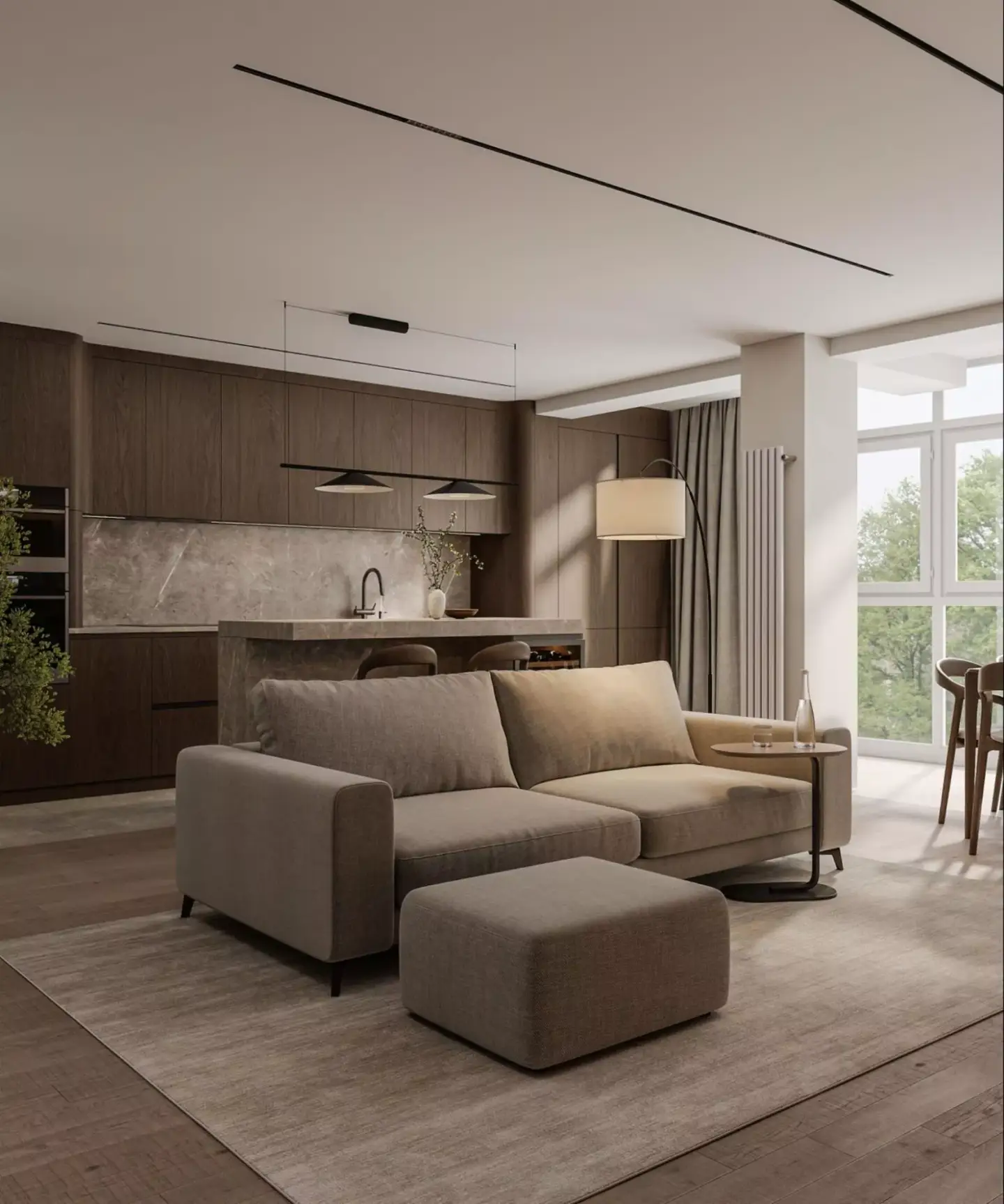 Kitchen Renders: Photorealistic 3D Examples, Techniques, and Agency Guide Modern open-plan kitchen render with taupe sofa, marble backsplash, and warm lighting