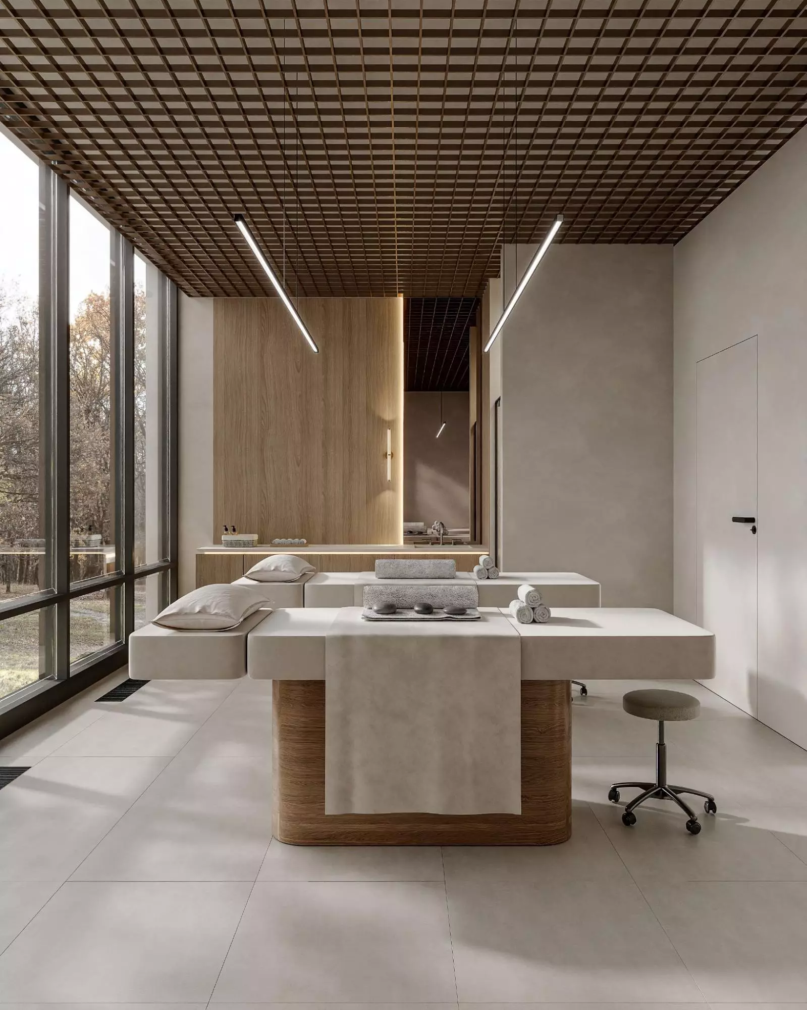 Best Interior Renders for 3D Interior Visualization Modern spa room visualization with treatment beds, wood ceiling grid, towels, and large windows