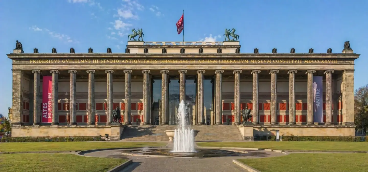Neoclassical architecture museum facade with tall columns and central fountain