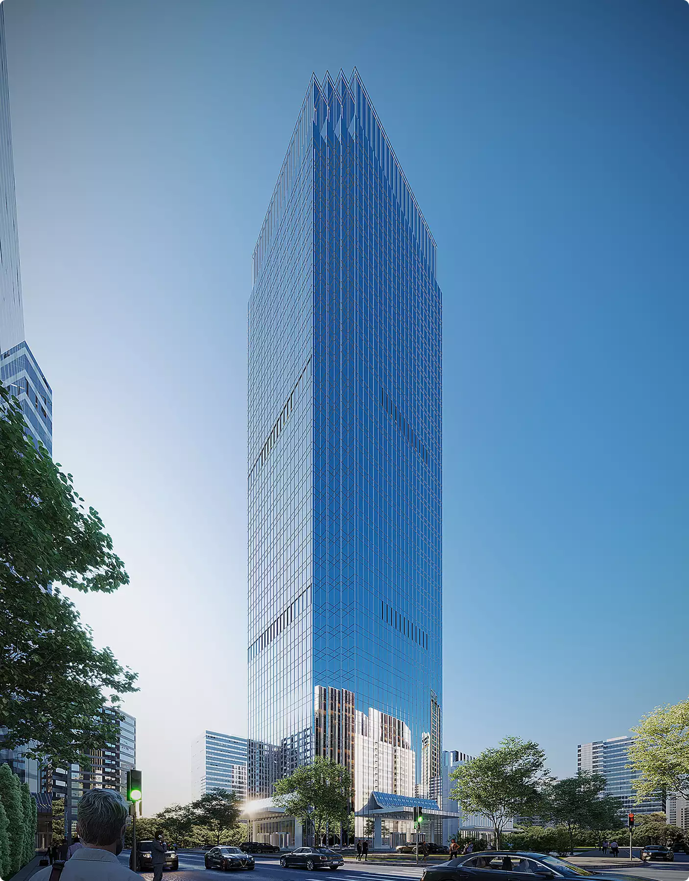 Tall glass skyscraper in city with cars and trees, Architectural Photomontage Services